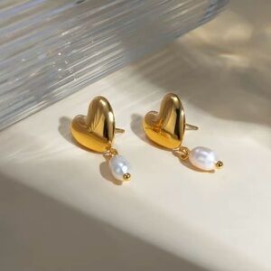 18k Gold Plated Heart Pearl Pendant Earrings